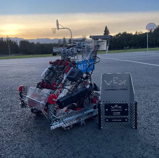 The 98721F competition robot on a blacktop at sunset beside its VEX Judges Award trophy