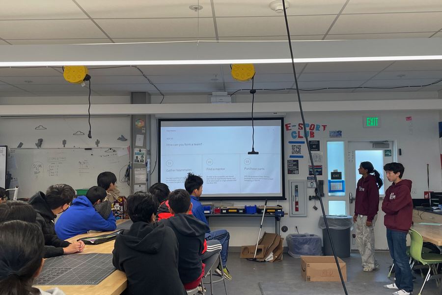 Rogue Robotics presenting to a classroom of middle school students