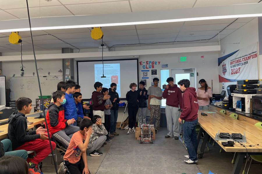 Middle school audience seated during the Rogue Robotics presentation